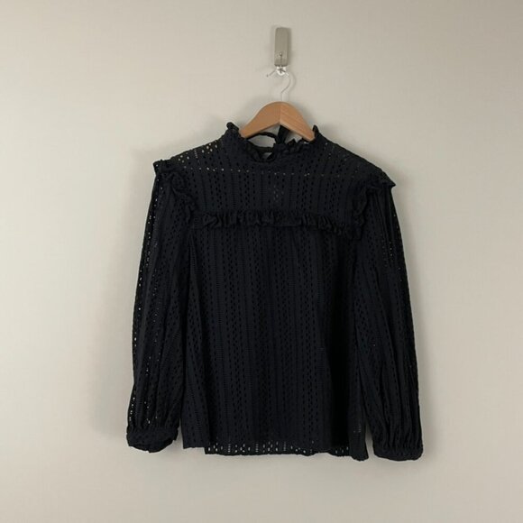 Madewell Eyelet Mockneck Ruffle Top in True Black Size Medium - Picture 1 of 6